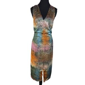 BCBG Max Azria Collection Silk Abstract Print Scarf Back Midi Dress XS Back Zip